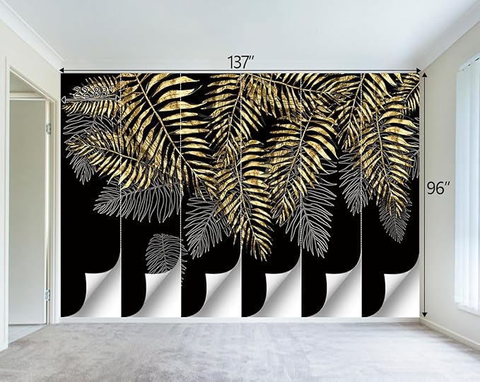 Black and Gold Leaf Mural Bedroom Tropical Botanical Wallpaper Room Plant Decor Living Room tv Background Large Wall Mural - 137"x96" (Not Peel and Stick)