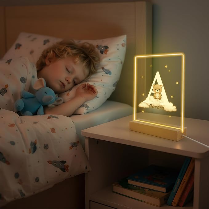 Personalized Baby Night Light with Wooden Base, Custom Name LED Lamp for Kids Room, Forest Animal Nursery Decor, Color-Changing Nightlight for Boys Girls, Unique Baby Shower Birthday Gift