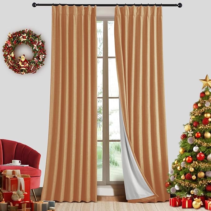 IVAPUPU Linen Pinch Pleated 100% Blackout Curtains for Bedroom - 2 Pages Black Out Gold Curtains 95 Inch Long 2 Panel for Living Room Darkening Thermal Window Curtain Drapes with 16pc Hooks