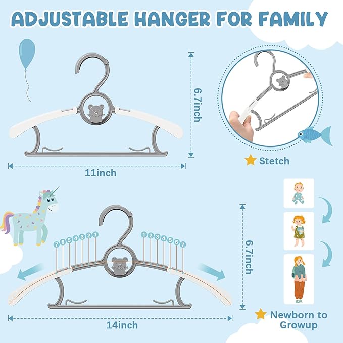 50 Pack Kids Hangers for Nursery Closet, Adjustable Non-Slip Toddler Baby Hangers with Windproof Buckle, 11-14" Infant Child Plastic Clothes Pant Hanger for Boys Girls Newborn Adult, Grey