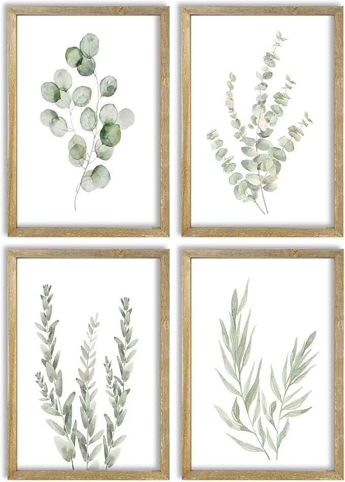Botanical Wall Decor Sign 16x11 Inch Set of 4 Sage Green Plants Wood Framed For Bathroom Modren Bedroom Aesthetic Watercolor Laundry Room Art Wall Hanging (Wood)