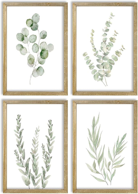 Botanical Wall Decor Sign 16x11 Inch Set of 4 Sage Green Plants Wood Framed For Bathroom Modren Bedroom Aesthetic Watercolor Laundry Room Art Wall Hanging (Wood)