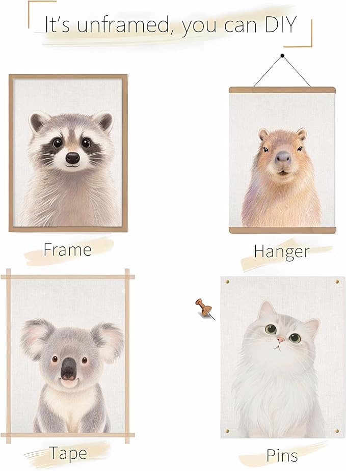 Baby Safari Nursery Wall Decor - Picture Cute Animal Wall Prints on Canvas, Under 20 Dollars Gifts for Baby Boys & Girls Room, UNFRAMED Wall Art Set of 6-12" x 16"