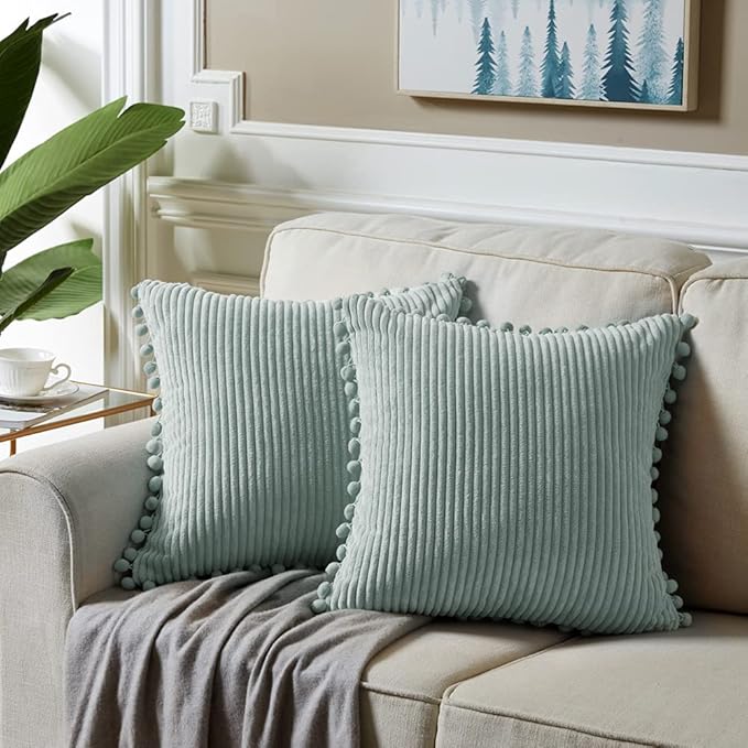 Fancy Homi Pack of 2 Farmhouse Boho Decorative Throw Pillow Covers with Pom-poms, Soft Corduroy Solid Square Cushion Cases Set for Couch Sofa Bedroom Car Living Room (20x20 Inch/50x50 cm, Grey Blue)