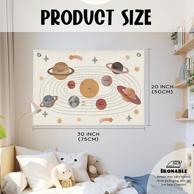 Solar System for Kids, Space Nursery Decor, Space Themed Party Decorations, Solar System Linen Canvas Banner Wall Hanging Flag Decor for Playroom 20x30
