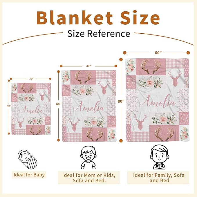 Personalized Baby Blanket with Name, Custom Pink Woodland Deer Blanket for Kids, Soft Flannel Bed Throw Blanket Swaddle for Newborn, Customizable Baby Gift & Nursery Blanket(60" x80)