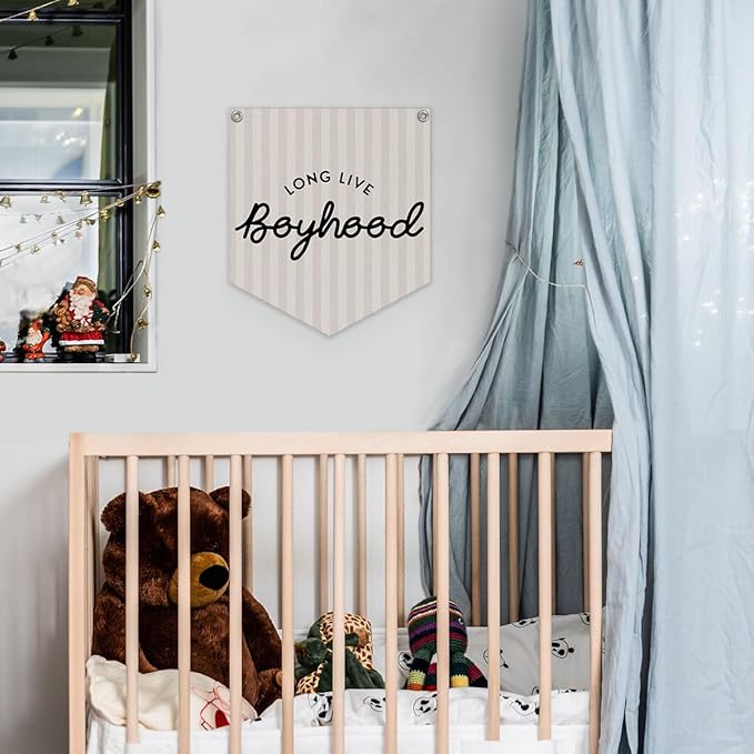 Lacama Long Live Boyhood Linen Banner,Vintage Boy Room Toddler Decor,Boy Bedroom Wall Hanging Banner Pennant Flag Decor for Nursery Playroom,12.4x14 in(Neutral Stripe)