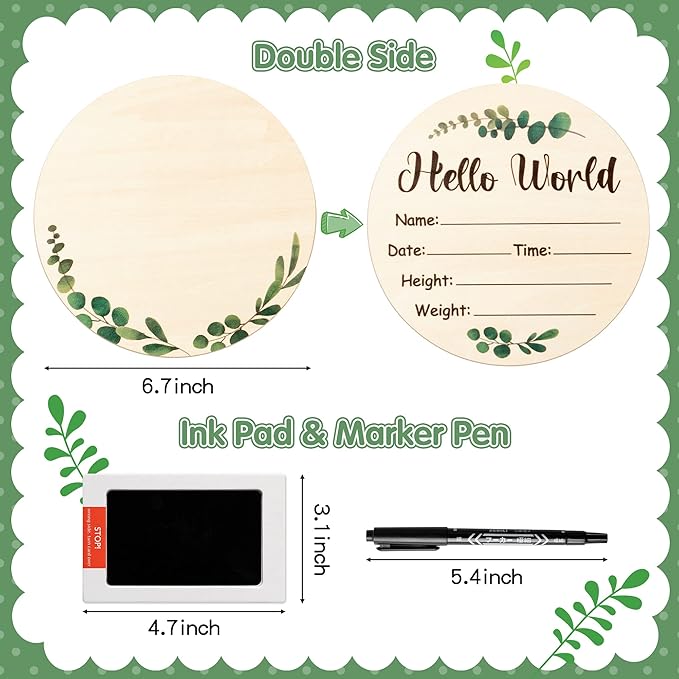 R HORSE Baby Birth Announcement Sign with Marker Pen, Greenery Eucalyptus Baby Name Sign with Ink Pad for Hand and Footprints, Wooden Hello World Newborn Announcement Nursery Decor Keepsake Gifts