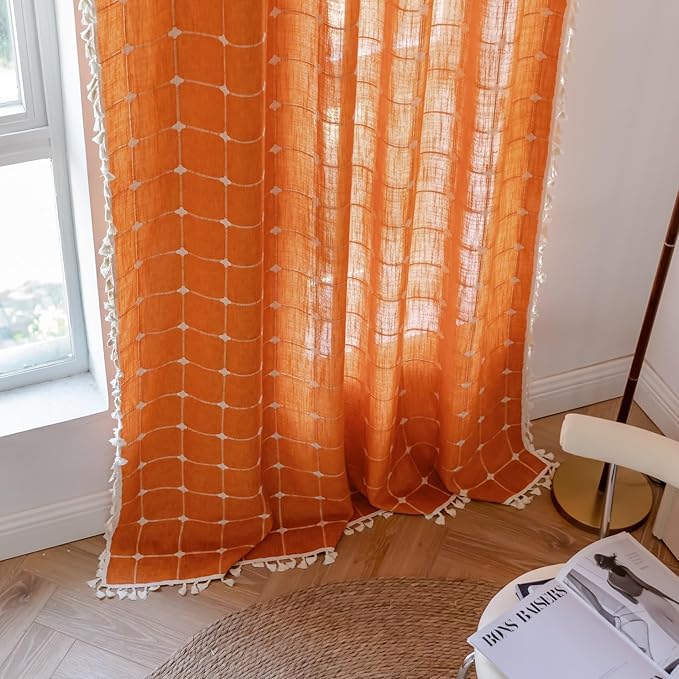 Deeprove Boho Curtains 96 Inches Long for Bedroom Living Room, Cotton Linen Plaids Textured Semi Blackout Bohemian Farmhouse Fall Window Treatment Grids Drape Tassels, 1 Panel W52 x 96, Burnt Orange
