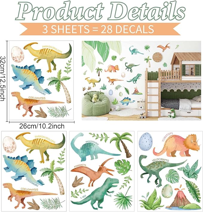 Wall Decals for Kids Room - Self Adhesive Removable Dino Palm Tree Wall Stickers, Jungle Nursery Bedroom Playroom Classroom Decor, Easy Peel & Stick Boys/Girls Home Art