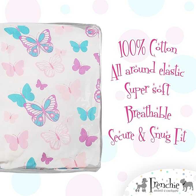 Frenchie Mini Couture, Fitted Crib Sheet Single, 100% Woven Cotton, Toddler Fitted Sheet, Fits Standard Size Baby Mattress 28 x 52 x 8in, Butterfly (White)
