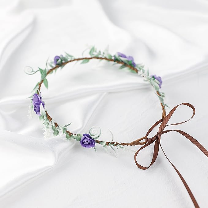 Fairy Flower Crown Weeding Headpieces - Handmade Crafts Bohemian Bridal Garland Weeding Crowns for Women Girls Kids Diy Party Vacation Renaissance Photography Props Purple Rose
