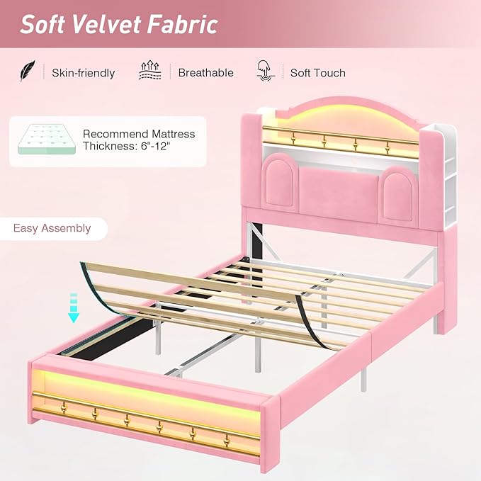 Twin Bed Frames with Storage Headboard,Twin Size Platform Bed for Girls/Kids,Velvet Upholstered Princess Bed Frame Twin,Charging Station&LED Lights,No Box Spring Needed/Noise-Free/Easy Assembly,Pink