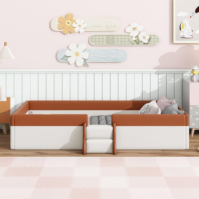 Twin Size Upholstered Daybed Frame with Fence and Stairs, Montessori Kids Floor Bed with Sturdy Slat Support for Kids Boys Girls (Brown+Twin)
