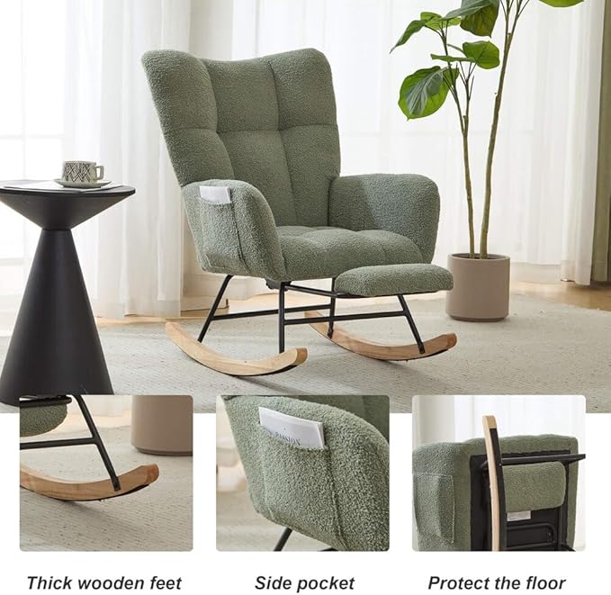 Nursery Rocking Chair Teddy Upholstered Glider Rocker with Footrest Accent Chair with High Backrest Armchair Comfy Side Pocket Chair for Living Room, Bedroom, Offices (Large Green)