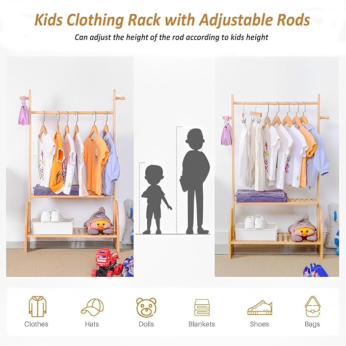Kids Clothing Rack With Adjustable Rods, Children Clothes Garment Rack for Baby Pet, Dress Up Rack With 2 Bottom Shelves, Wardrobe Closet for Toddlers Nursery