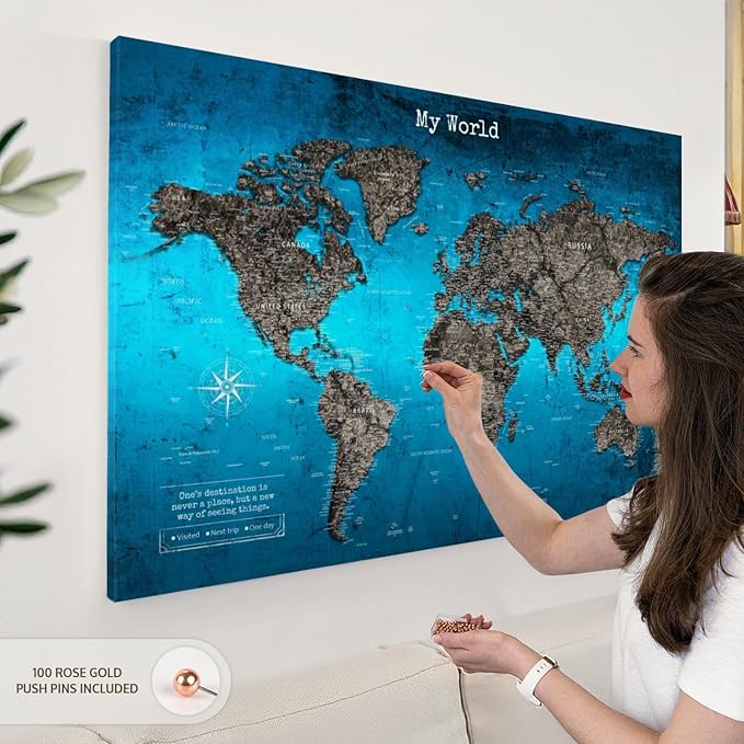 ElephantStock - My World Push Pin Travel Map Iii Wall Art - Horizontal Canvas Wall Art - Living Room Wall Decor - Digital Art Map Canvas Art - Turquoise And Blue Decor - 45" x 30"