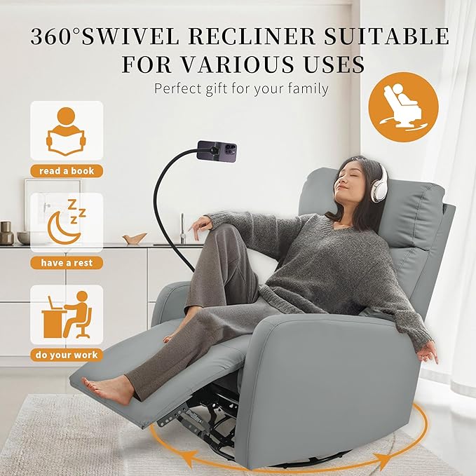Swivel Rocker Recliner Chair for Nursery, Upholstered 360° Leather-air Glider Rocking Chair with Phone Holder, Manual Small Recliners for Small Spaces Living Room