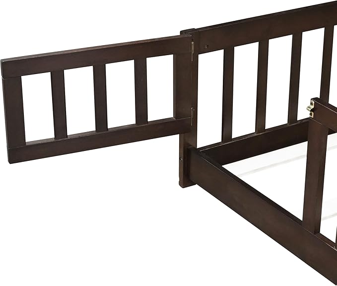 Full Montessori Floor Bed with Roof & Slats for Girls & Boys,Twin Size Floor Bed w/Safety Guardrails for Girls,Boys/Espresso