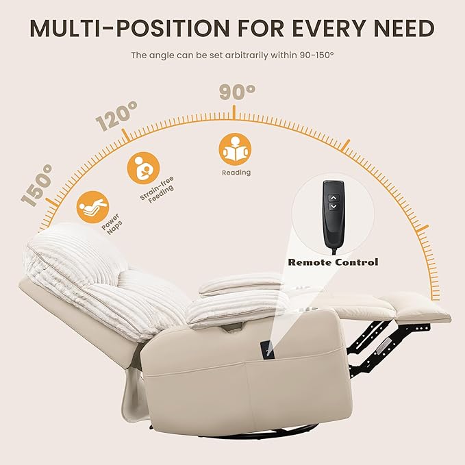 SUNWAVE Power Nursery Rocking Chair with Adjustable Armrests, Nursing Chair with USB, Cup Holders & Blanket, Swivel Rocker Recliner with Corduroy and PU Leather Mixed Fabric (Beige)