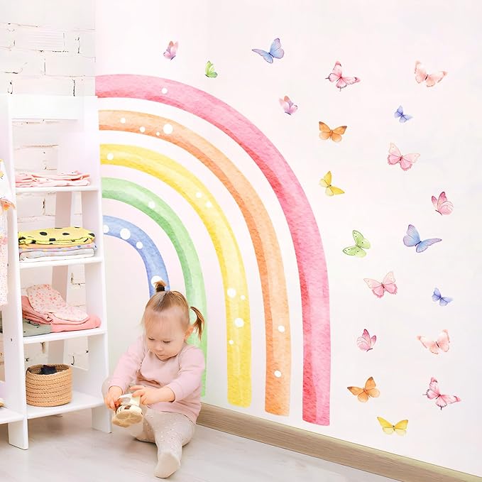 H53.9 Large Watercolor Rainbow Wall Decals, Half Rainbow Wall Stickers Peel and Stick Mural for Girls Boys Nursery Kids Room Home