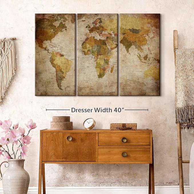 ElephantStock World Map Multi Piece Canvas - 3 Piece Canvas World Map Wall Decor - Wall Decor - Ready-to-Hang Print - Vintage Wall Art - 50" X 32"
