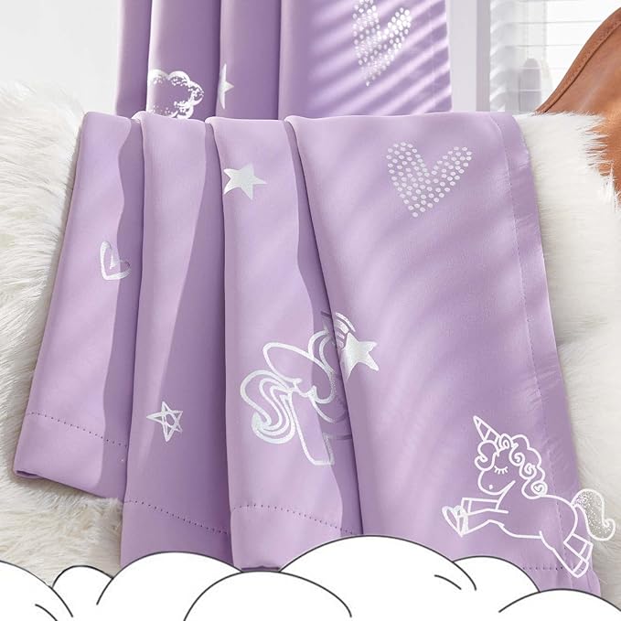 jinchan Purple Blackout Unicorn Curtains for Girls Kids Room Thermal Insulated Room Darkening Rainbow Curtains for Girls Bedroom Silver Foil Printed Grommet 84 Inches Long Purple Lilac 2 Panels