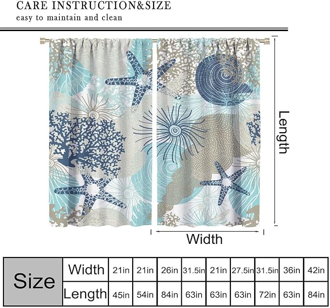 Shell Blackout Curtains Beach Shells Marine Life Water Grass Pattern Printed Curtains Suitable for Living Room Bedroom Privacy Curtains 42x54 Inches