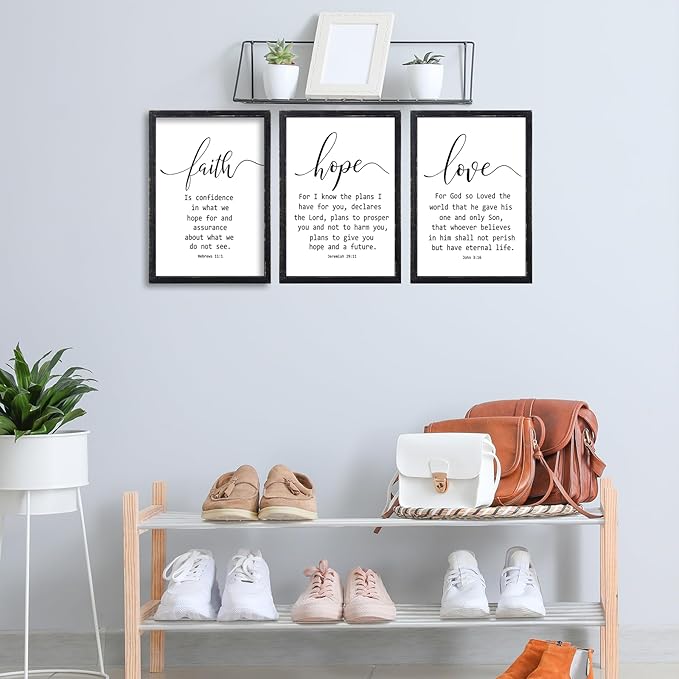 Faith Hope and Love Bible Verses Wall Decor Sign 16x11Inch Wood Framed Set of 3 Farmhouse Living Room Christian Faith Scripture Art Inspirational Religious Quote Love Wall Hanging (Black)
