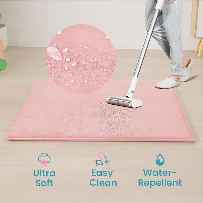 Baby Play Mat for Floor,1.3" Thick Elasti-Foam 50"×50" Playpen Mat for Tummy Time,Water Repellent Soft Coral Velvet for Toddler,Infant,Kids,Non-Slip Backing Safe for Crawling(Pink)