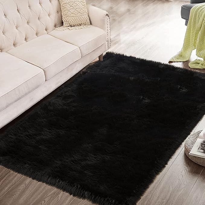 Black Faux Sheepskin Washable Fluffy Fur Rugs for Bedroom Fuzzy Nursery Rug 3x5 Rectangle Rug Cute Room Home Décor