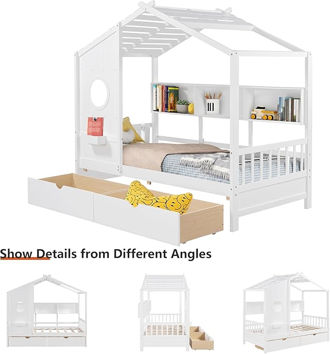 Twin Bed Frames for Kids, House Bed with Window and Fence, Wood Platform Bed Frame with Drawers and Shelves, Playhouse Bed for Boys Girls, White, 78" L x 42.7" W x 72" H