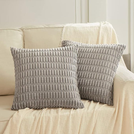 Fancy Homi 2 Packs Gray Euro Farmhouse Decorative Throw Pillow Covers 26x26 Inch for Living Room Couch Bed Sofa, Rustic Boho Home Decor, Soft Striped Corduroy Square Cushion Case 66x66 cm