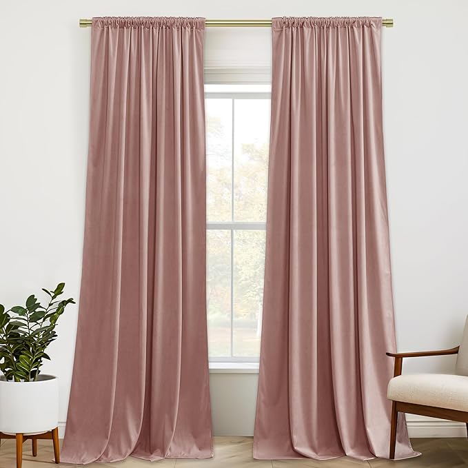 StangH Dusty Pink Living Room Curtains 105 inches Long Soft Velvet Privacy Light Reducing Window Drapes for Bedroom Back Tab Thermal Insulated Panels, W52 x L105, 2 Panels
