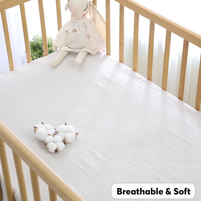 Muslin Baby Crib Sheets Fitted - Crib Sheets Neutral Turkish Cotton, Ultra Soft & Breathable - Organic Cotton Crib Sheets for Boys & Girls, GOTS & Oeko-TEX® Certified (52x28, Cotton Latte)