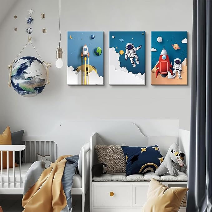 3Pcs Astronaut Canvas Wall Art Nursery Space Adventure Wall Decor Whimsical Space Themed Posters Artwork Rocket Spaceship Prints Pictures for Kids Room Boys and Girls Bedroom (12x16in Canvas)