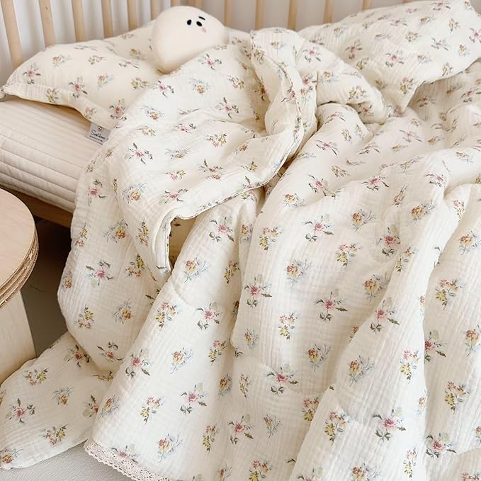 BuLuTu Kids Blanket Cotton Toddler Quilt Muslin Blankets, Reversible Floral Baby Blanket for Girls Boys Crib Comforter Baby Quilt for Toddler Bed, Azalea Pattern, 60x78 Inches