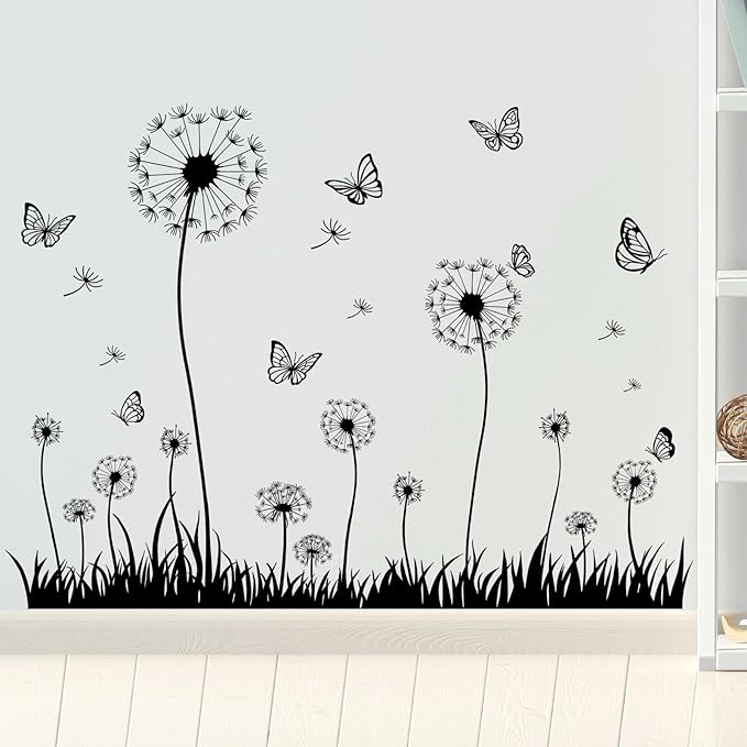 Dandelion and Butterfly Wall Decals Removable Black and White Nature Vinyl Stickers for Nursery Living Room and Bathroom Decor Peel and Stick Minimalist Botanical Wall Art