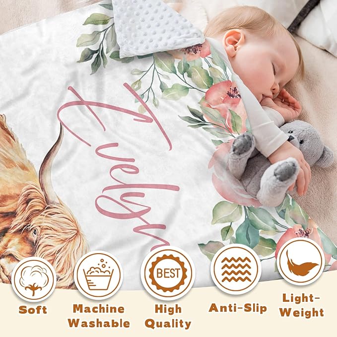 Personalized Baby Blanket for Boys, Custom Name Blanket for Girl Newborn Mom, Soft Flannel with Double Layer Dotted Backing, Gifts for Baby Shower Christmas Birthday, Highland Cow(47" x60)
