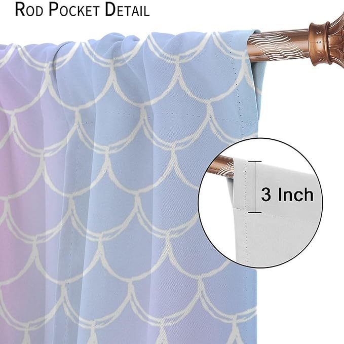 Fantasy Mermaid Curtain Rainbow Mermaid Scales Purple Pink Blue Ocean Theme Dream Blackout Window Treatment for Kids Boys Girls Bedroom Nursery Room Decor Rod Pocket Window Drapes 63x63in