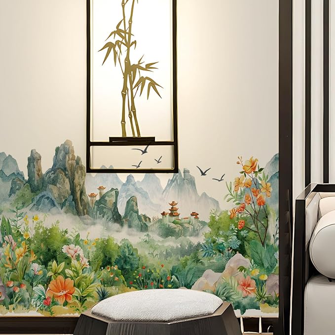 Runtoo Mountain Wall Art Decals Forest Woodland Tree Flowers Peel and Stick Wall Stickers Living Room Bedroom Nursery Home Decor