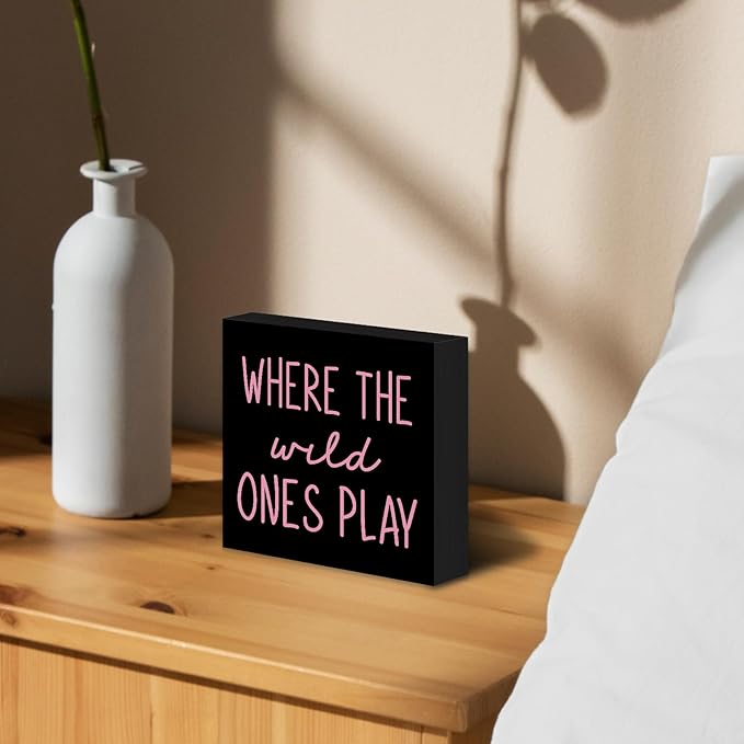 Where The Wild Ones Play Black Pink Wood Box Sign Desk Decor 5X5, Nursery Kids Room Wooden Block Sign Decorations for Playroom Toddler Room Wall Tabletop Shelf Decor