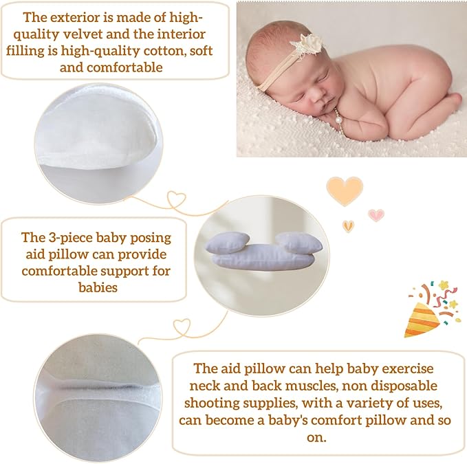 3 PCS Newborn Photography Props, 0-3 Months Baby Posing Pillow, DIY Newborn Professional Photograph Shoot Set (White)