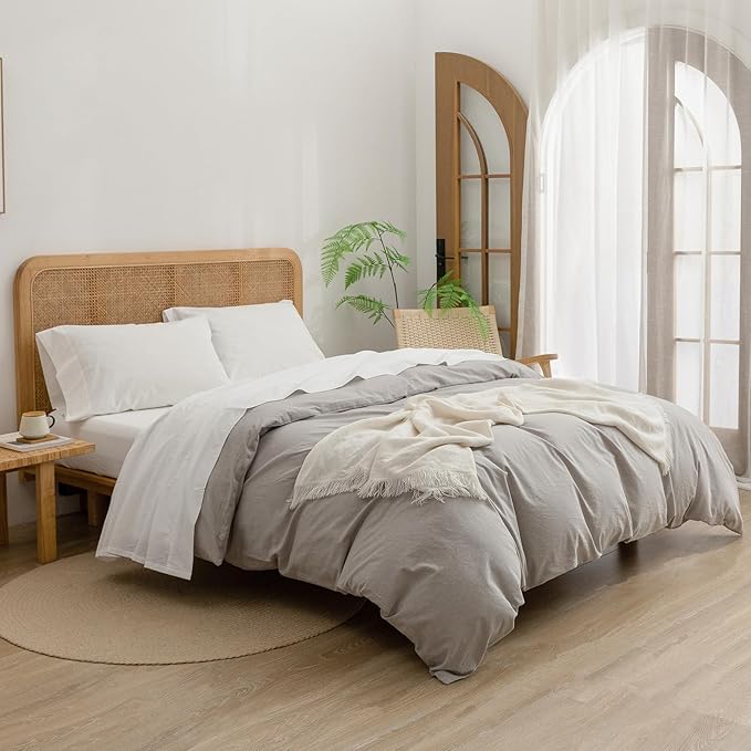 BESTOUCH Sheet Set 100% Washed Cotton Linen Feel Super Soft Comfortable Chic Lightweight 4 Pcs Home Bedding Set Solid Off White King