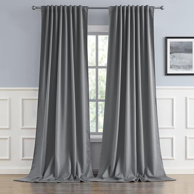 DUALIFE Gray Extra Long Curtains 108 Inch Length,Back Tab and Rod Pocket Thermal Insulated Blackout Curtains 52W x 108L, Grey, 2 Panels