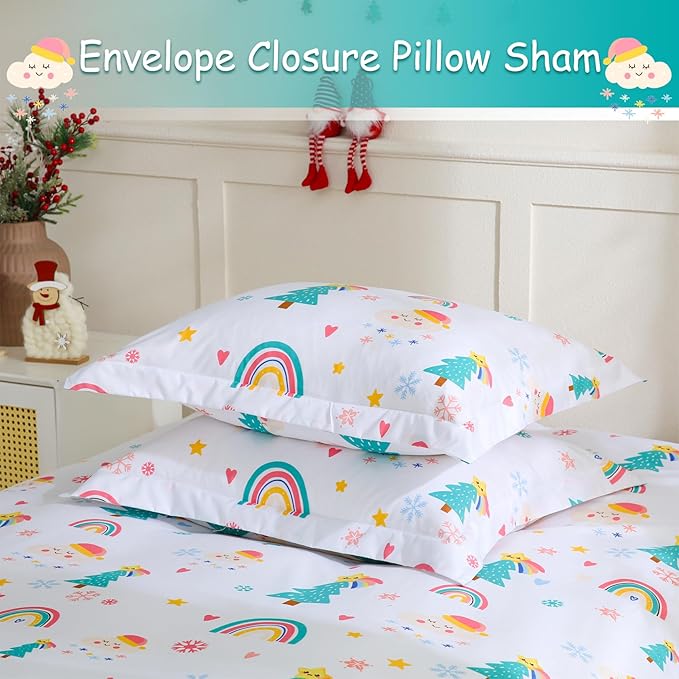 JSD Christmas Kids Duvet Cover Set Queen Size, 3 Piece Rainbow Tree Printed Microfiber Comforter Cover with Pillow Shams Zipper Closure, Comforter Not Included