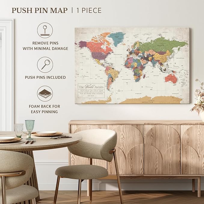 ElephantStock - Personalized World Awaits II Push Pin World Map Wall Art - Horizontal Canvas Wall Art - Living Room Wall Decor - Digital Art Map Canvas Art - Green And Beige Decor - 39" x 26"