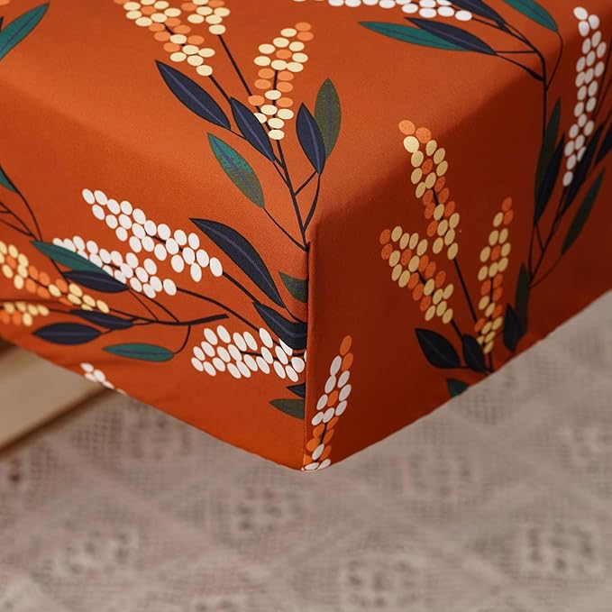 KAREVER Botanical Toddler Bedding Set Flower Print 4 Pieces Crib Bed Set Kids Burnt Orange Floral Comforter Set
