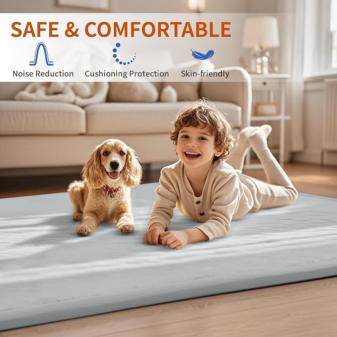 ACOMOPACK Baby Play Mat for Floor,1.3" Thick Memory Foam Area Rug for Living Room,Soft Velvet Crawling with Non-Slip Bottom for Kid,Toddler,71"×79" Tummy Time Nursery Rugs,Yoga（Light Grey）