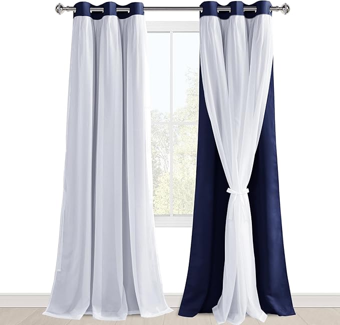 Hiasan Blackout Curtains with White Sheer Overlay, Mix & Match Double Layer Thermal Insulated Grommet Top Window Curtains for Bedroom, Living Room, 2 Drape Panels with Tiebacks,Navy Blue,42W X 96L